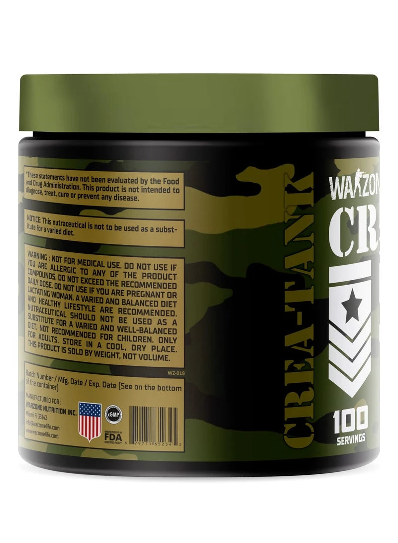 Supplement container with 'Warzone' branding on a white background