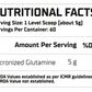 Nutritional facts label for micronised glutamine with serving size and container information.
