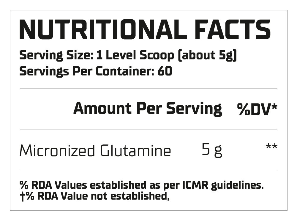 Nutritional facts label for micronised glutamine with serving size and container information.