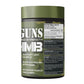 Supplement container labeled 'Guns and Strength HMB' on a white background with nutritional facts