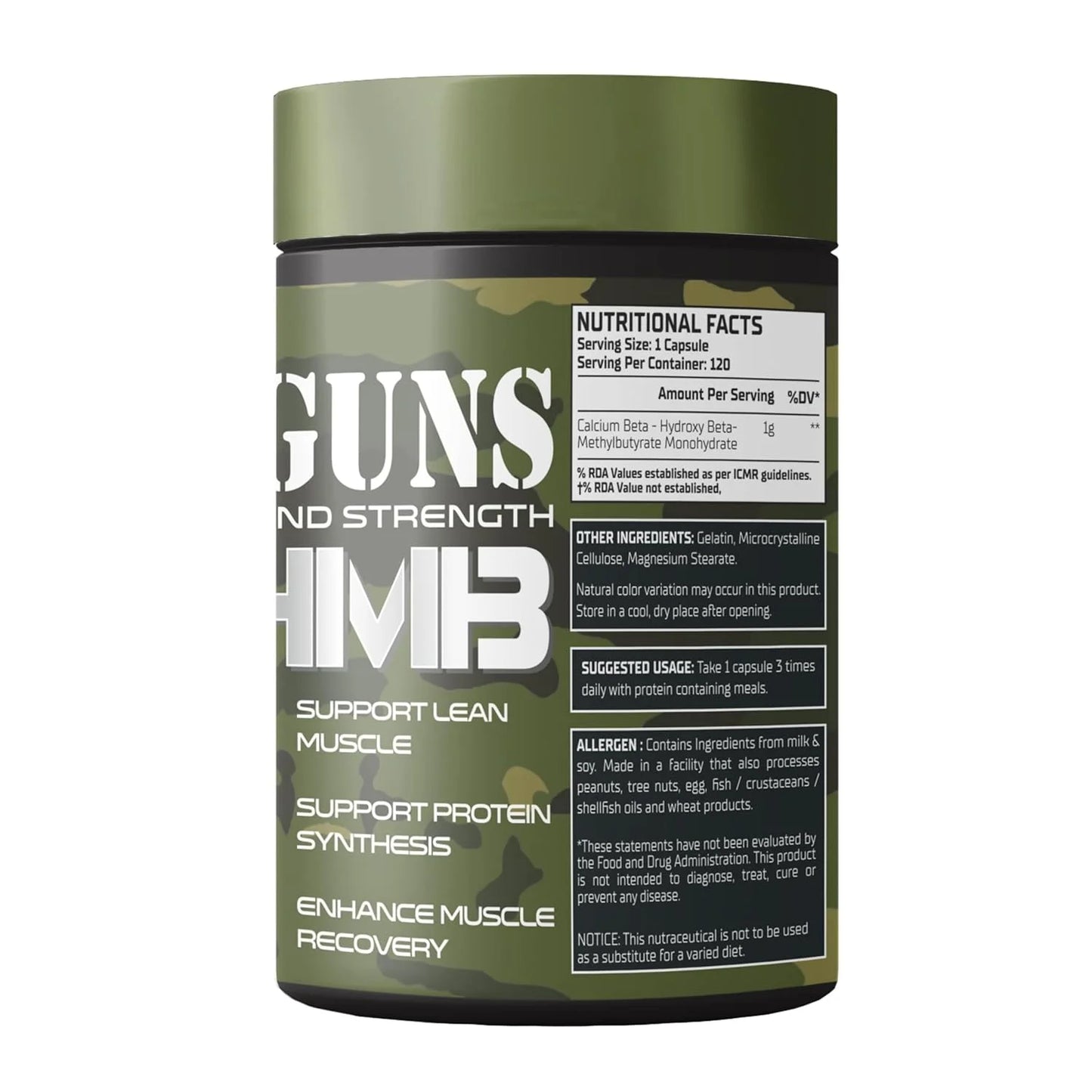 Supplement container labeled 'Guns and Strength HMB' on a white background with nutritional facts