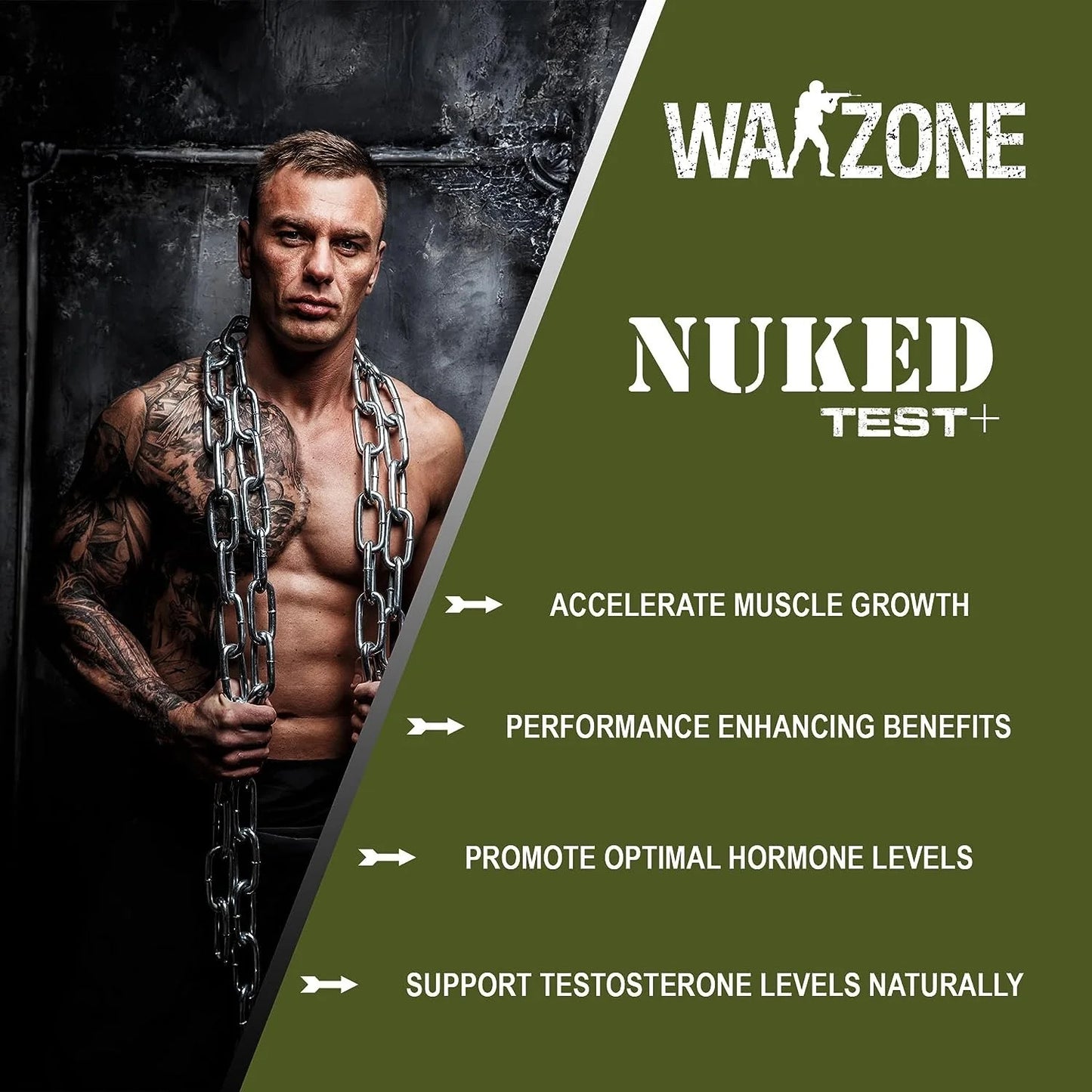 Advertisement for 'Nuked Test+' supplement with a muscular man holding chains on a green background.