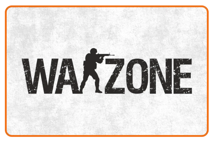 Logo for 'War Zone' game with a silhouette of a person holding a gun on a textured white background.