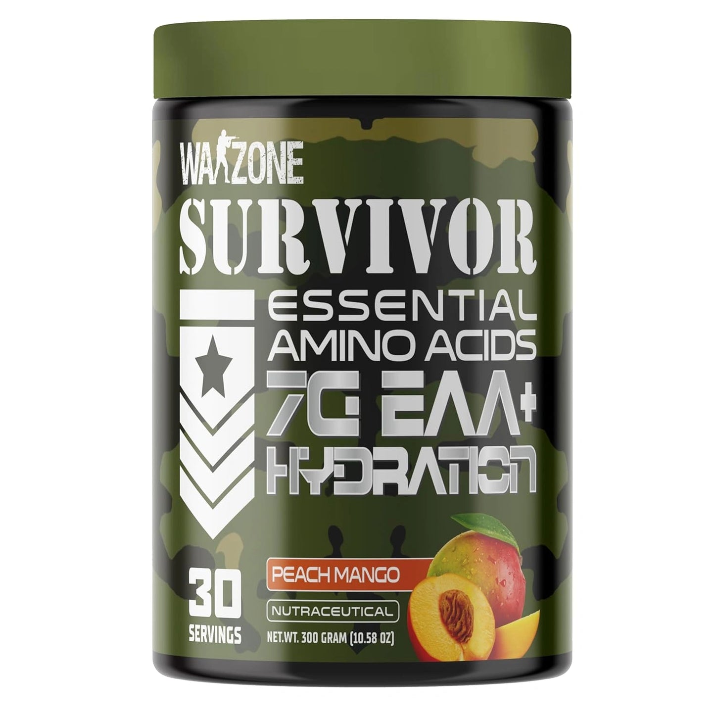Warzone Survivor essential amino acids supplement container with peach mango flavor on a white background