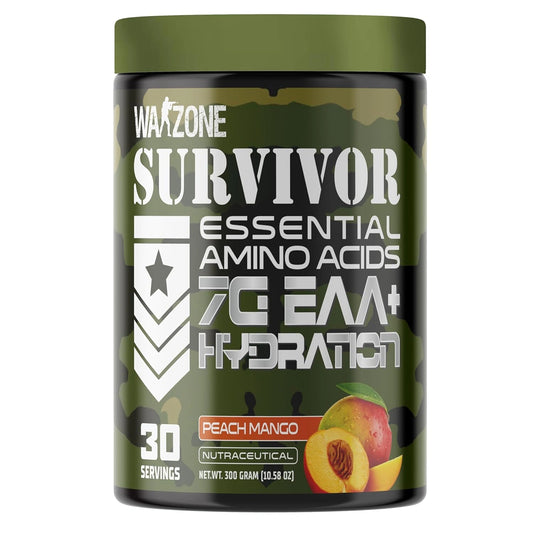 Warzone Survivor essential amino acids supplement container with peach mango flavor on a white background