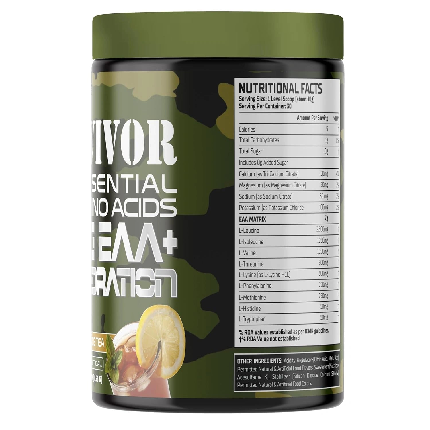 Supplement container with nutritional facts on a white background