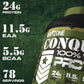 Warzone Conquer protein supplement container with nutritional information on a green background