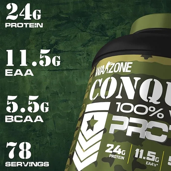 Warzone Conquer protein supplement container with nutritional information on a green background