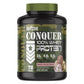 Warzone Conquer 100% Whey Protein container with green lid on a white background