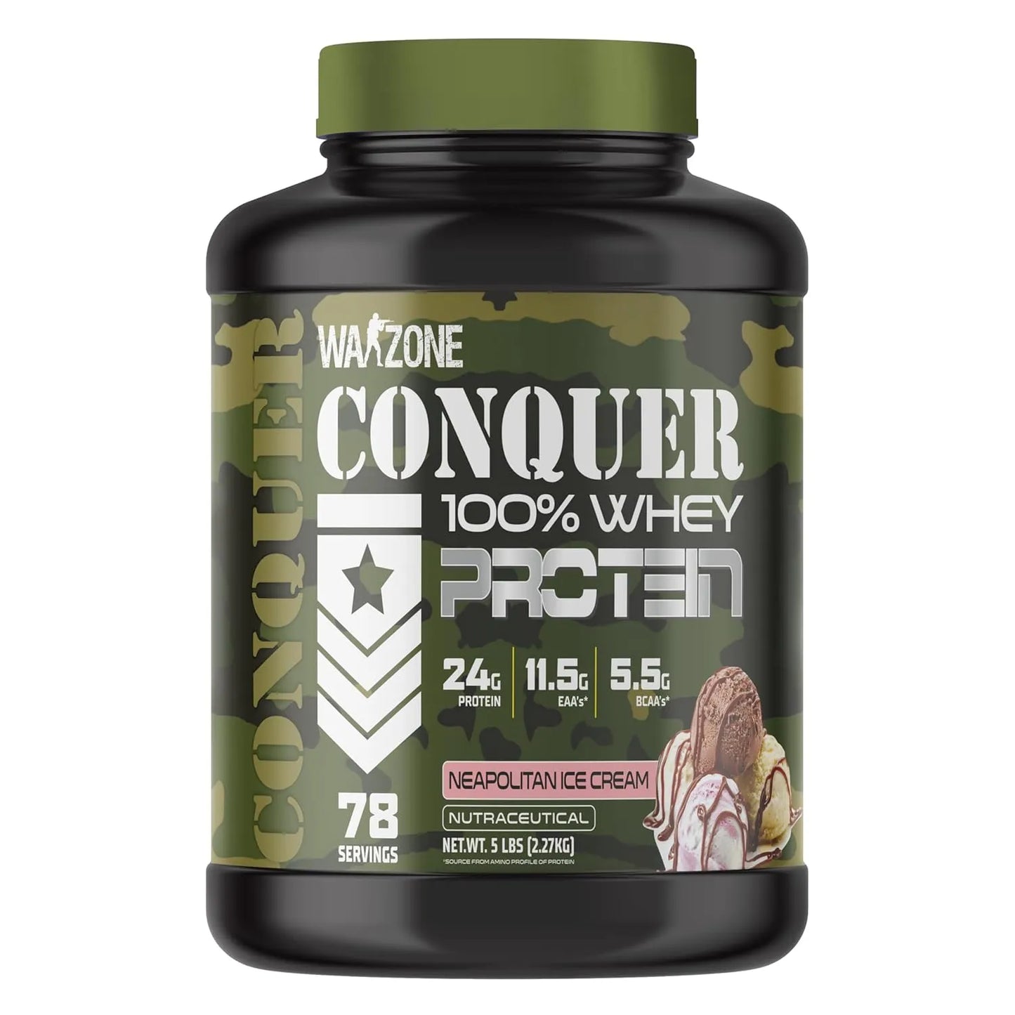 Warzone Conquer 100% Whey Protein container with green lid on a white background