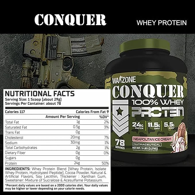 Wakzzone Conquer 100% Whey Protein container with nutritional facts on a dark background