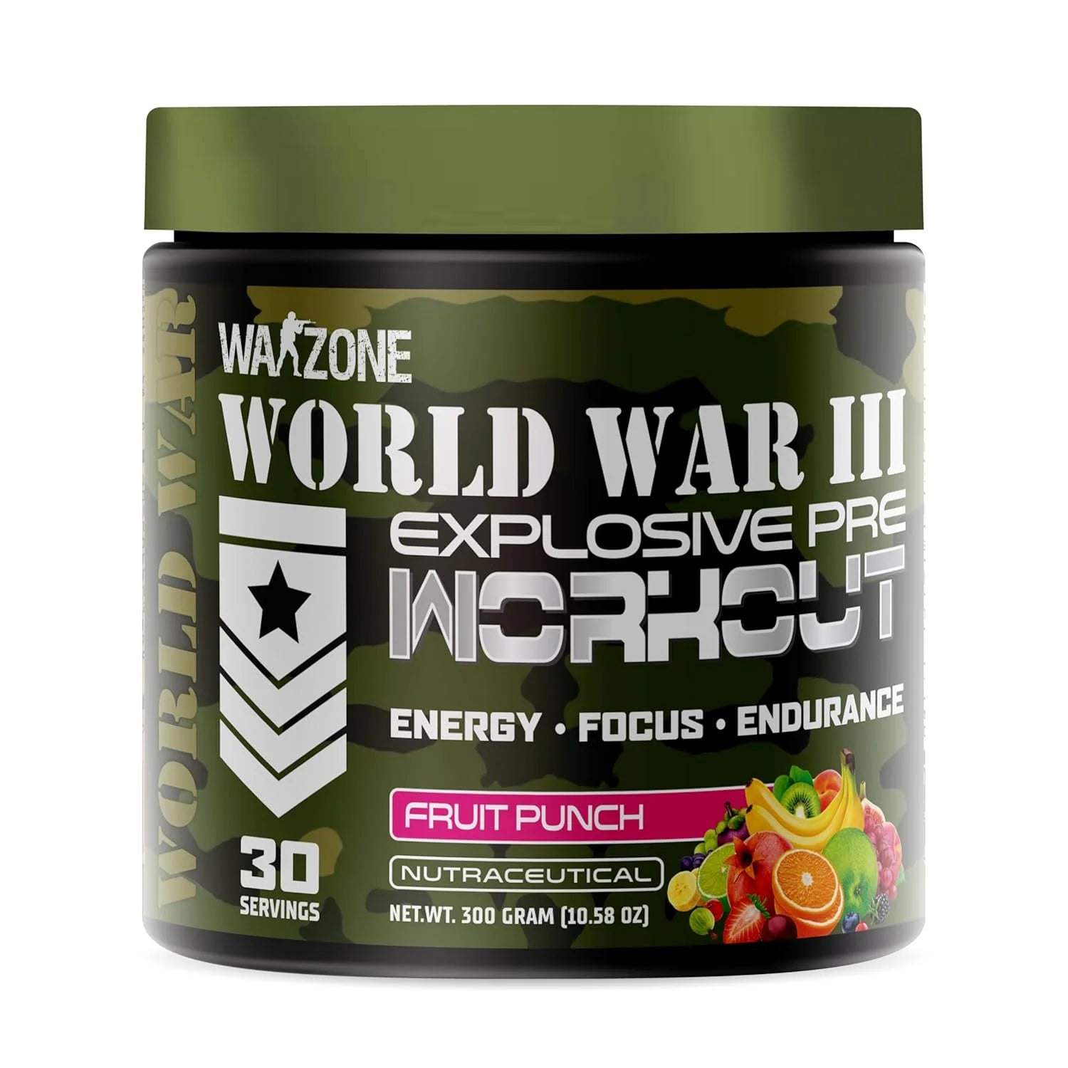 warzone Pre-workout supplement container with 'World War III' branding on a white background
