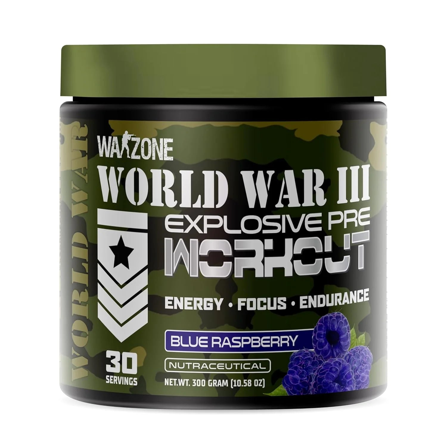 War Zone World War III Explosive Pre Workout supplement container with blue raspberry flavor on a white background