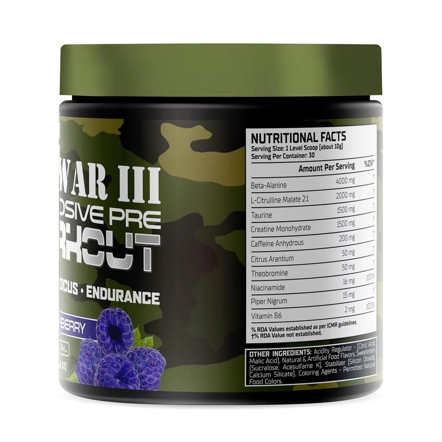  warzone Pre-workout supplement container with nutritional facts label on a white background