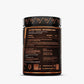 Black supplement container with nutritional information on a white background
