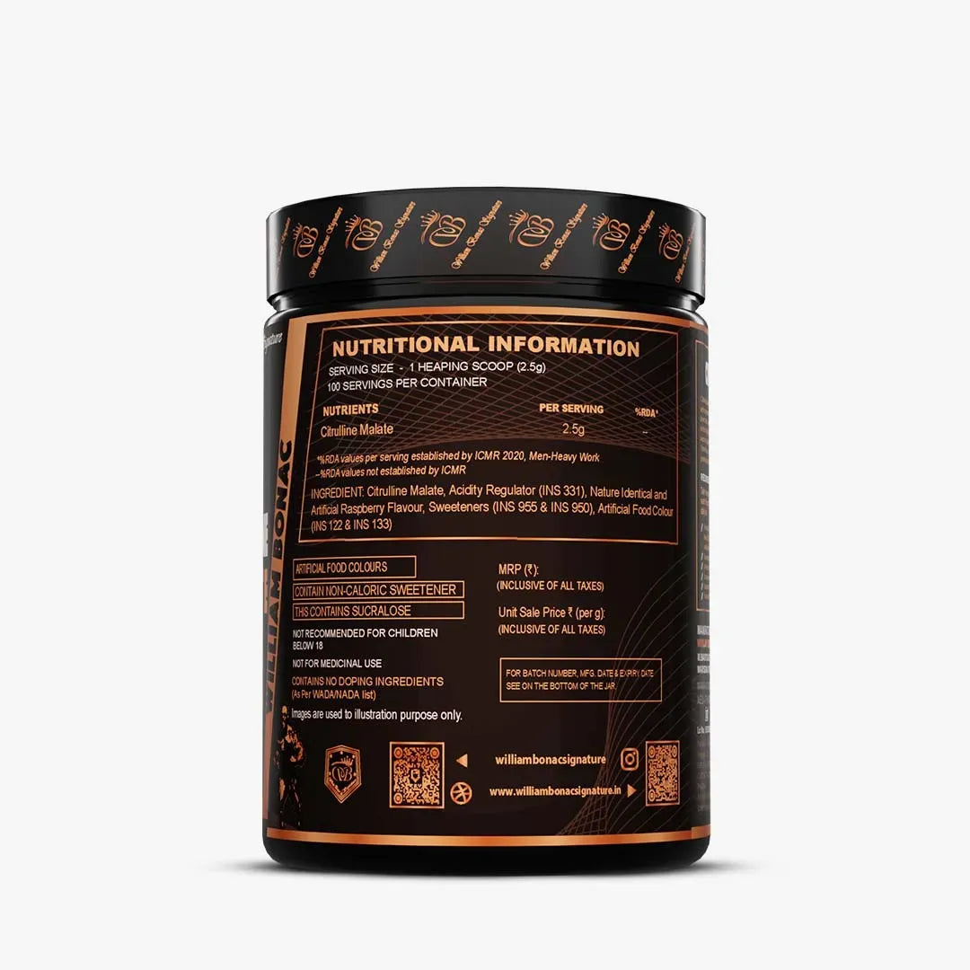 Black supplement container with nutritional information on a white background