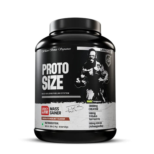 Proto Size mass gainer supplement container with a black and white label on a white background
