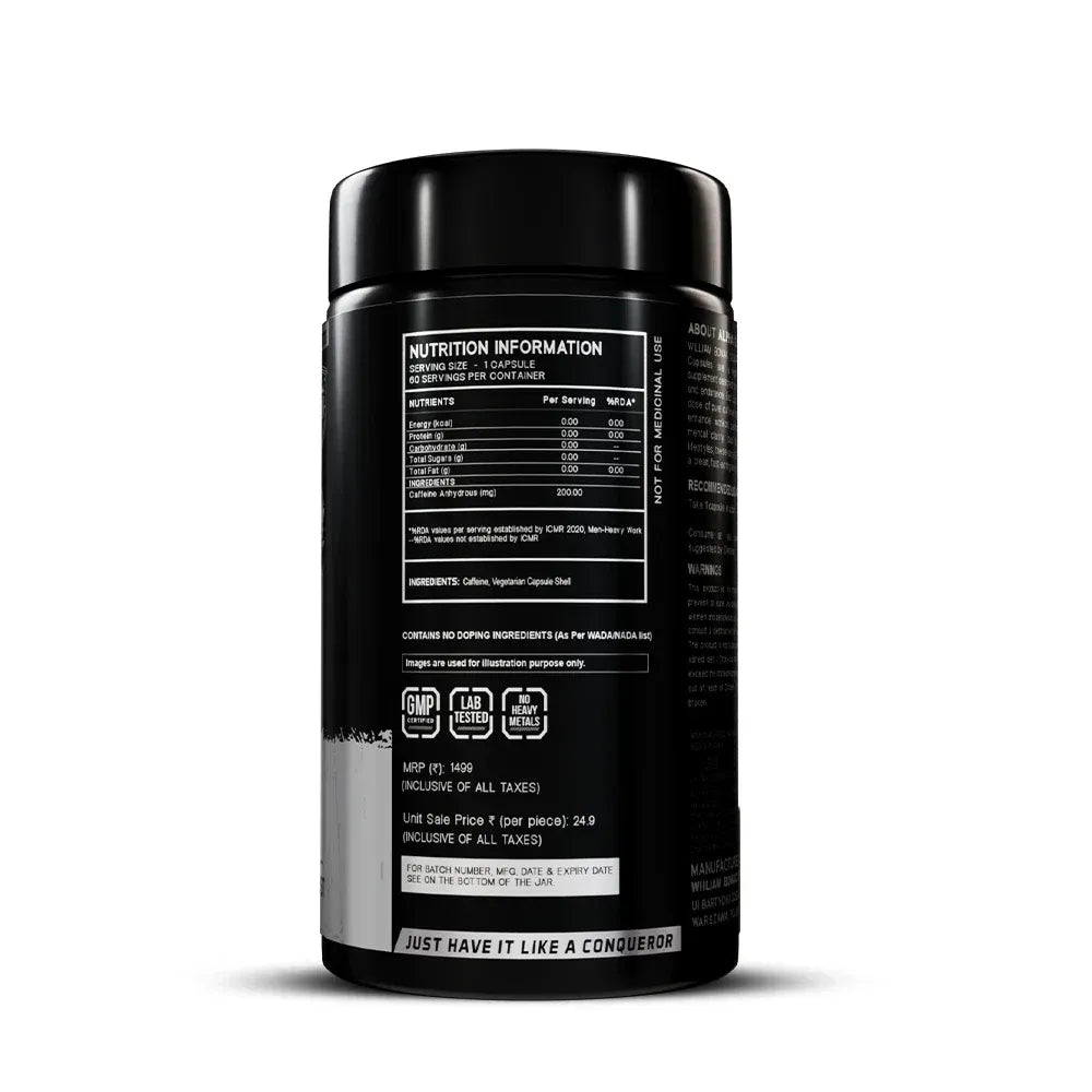 william bonac Black supplement container with nutrition information label on a white background