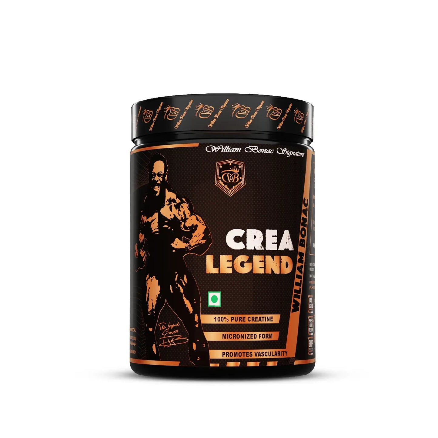 Supplement container labeled 'Crea Legend' with a black and orange design on a white background.