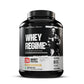 Whey protein supplement container with branding and nutritional information on a white background