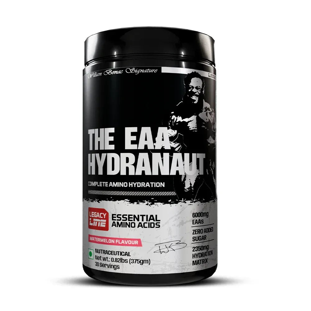 Black container of 'The EAA Hydranaut' with a person on the label against a white background