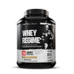 Whey protein supplement container with a black and white label on a white background