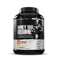 Whey protein supplement container with a black and white label on a white background