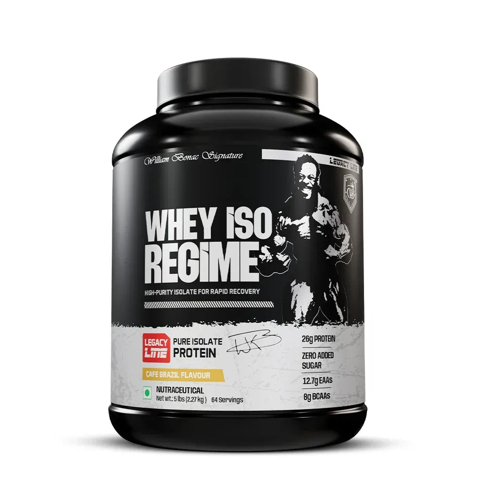 Whey protein supplement container with a black and white label on a white background