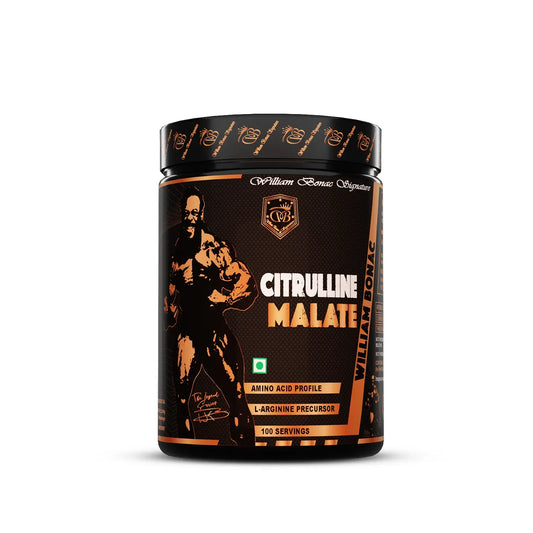 Supplement container labeled 'Citrulline Malate' with a black and orange design on a white background.