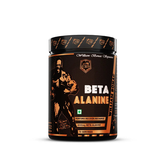 Beta Alanine supplement container with branding and product details on a white background