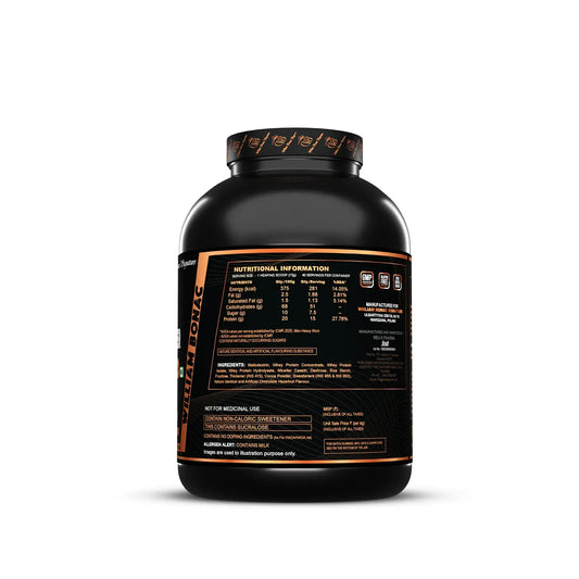 Black supplement container with orange label on a white background