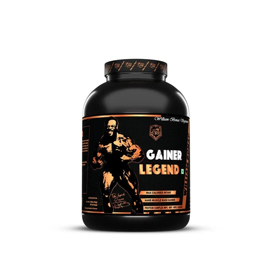 Black supplement container labeled 'Gainer Legend' on a white background