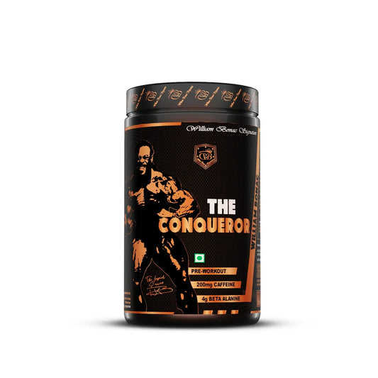Pre-workout supplement container labeled 'The Conqueror' on a white background