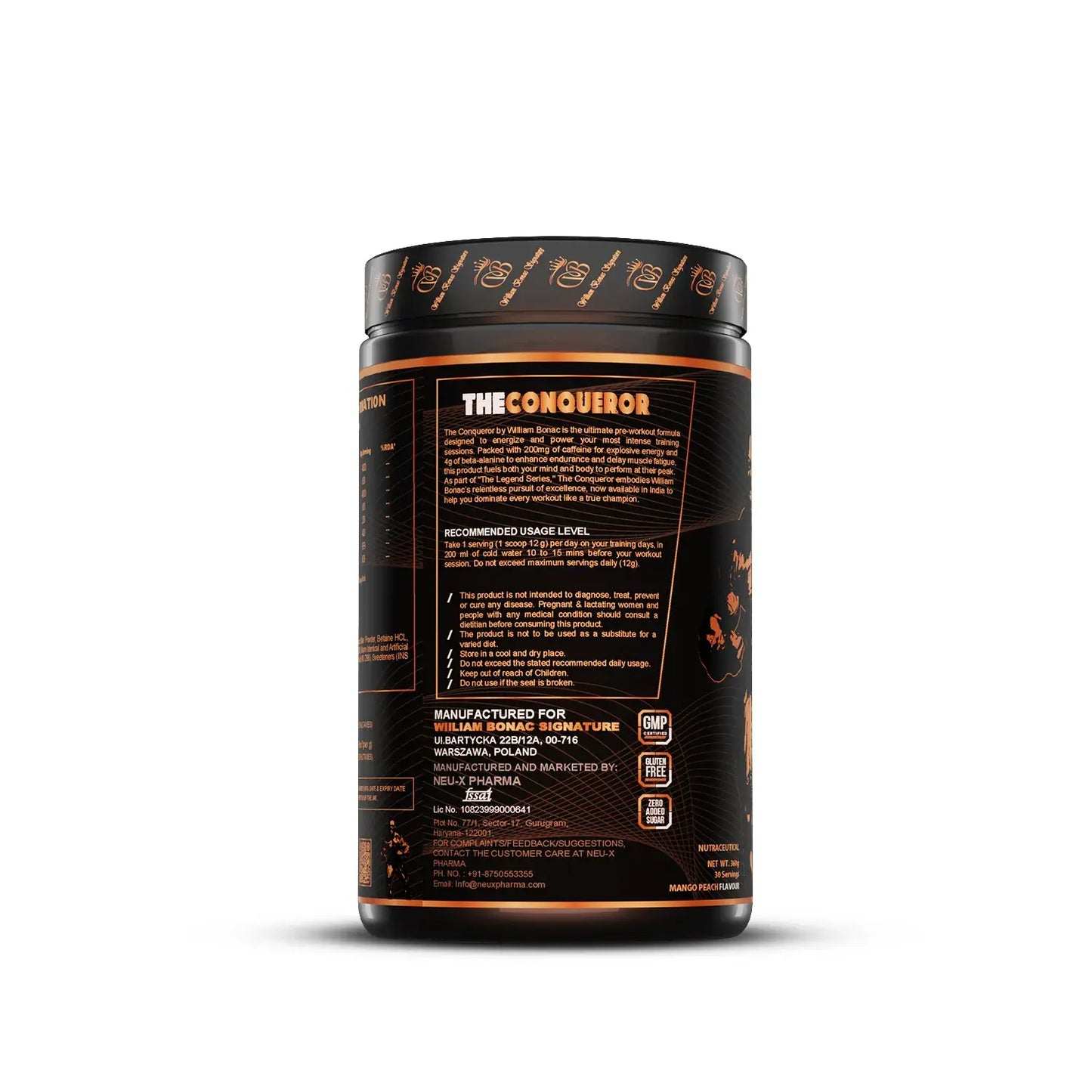Black supplement container labeled 'The Conqueror' on a white background