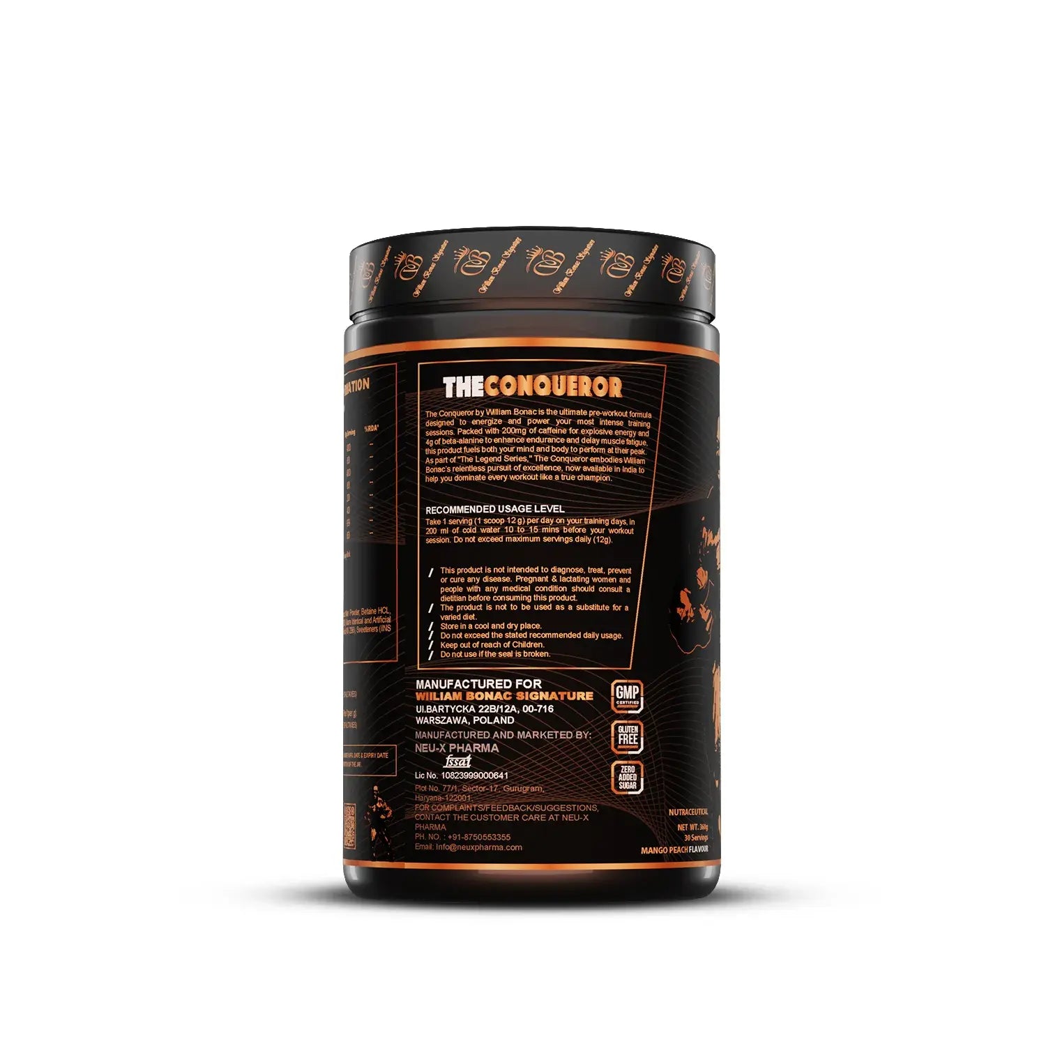 Black supplement container labeled 'The Conqueror' on a white background
