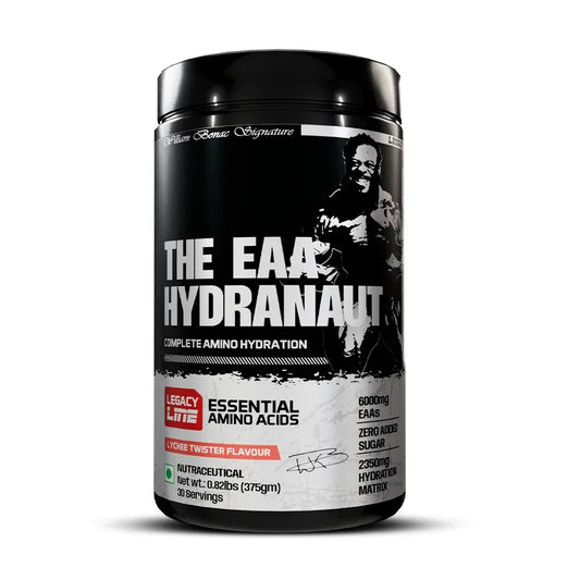 Container of 'The EAA Hydranaut' supplement with a black and white design on a white background lychee twister flavour