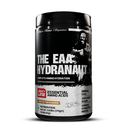 Container of 'The EAA Hydranaut' supplement with a black and white design on a white background, peach ice tea