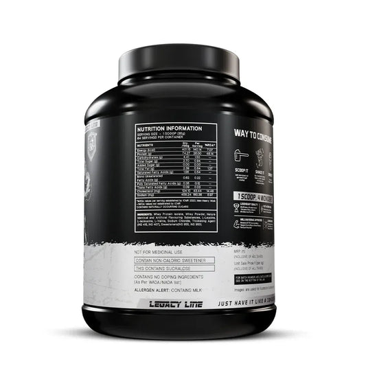 Black supplement container with nutrition label on a white background