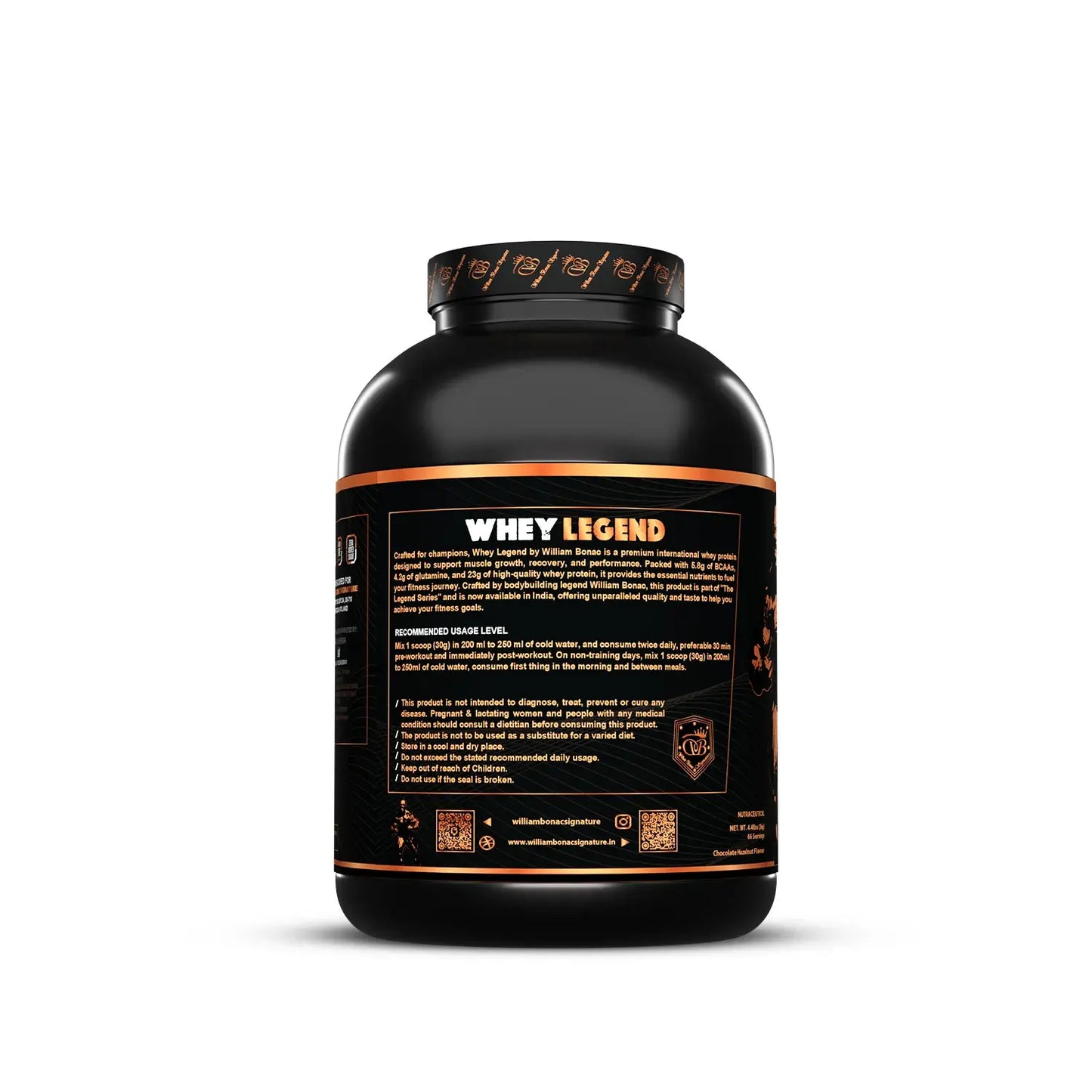 Black supplement container labeled 'Whey Legend' on a white background