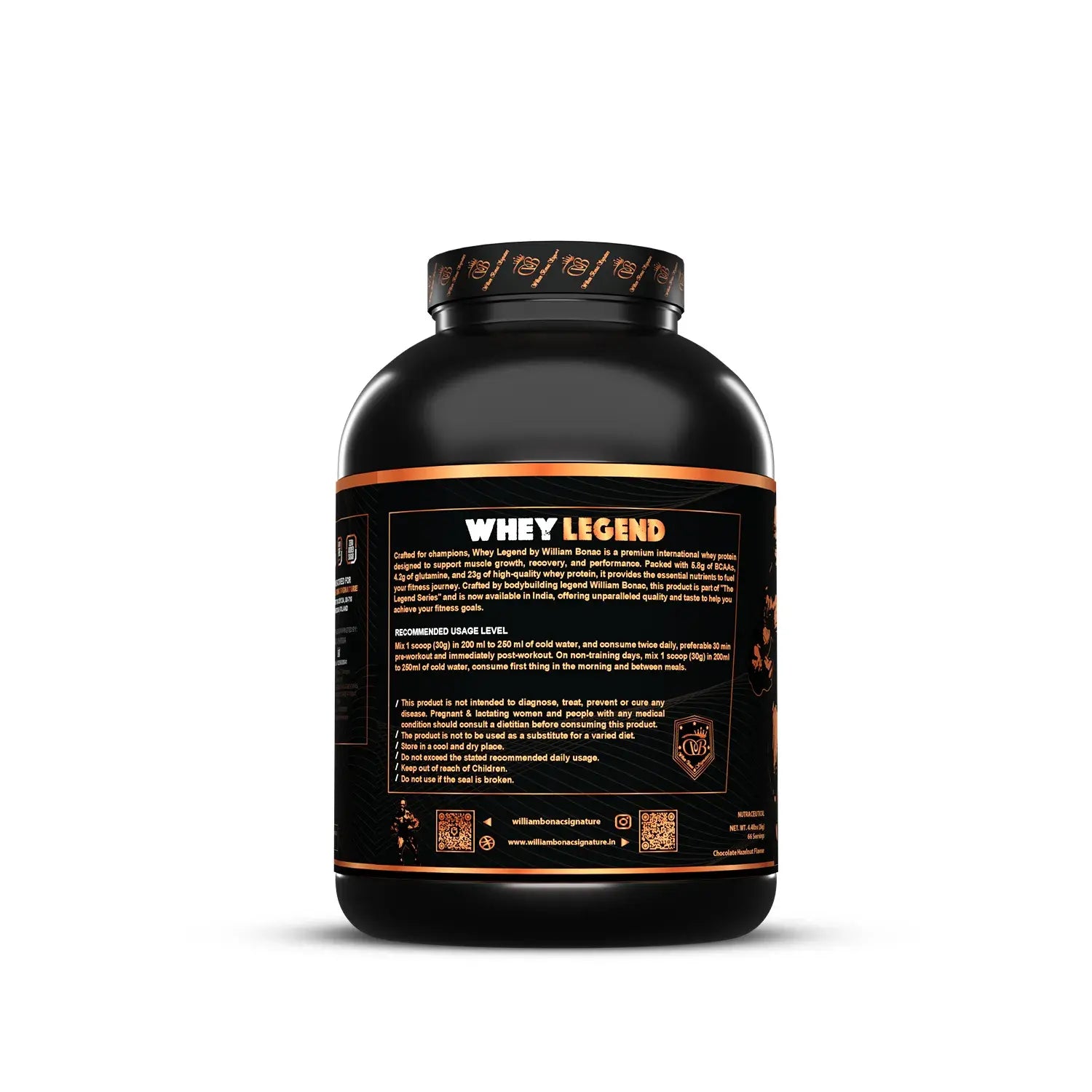 Black supplement container labeled 'Whey Legend' on a white background