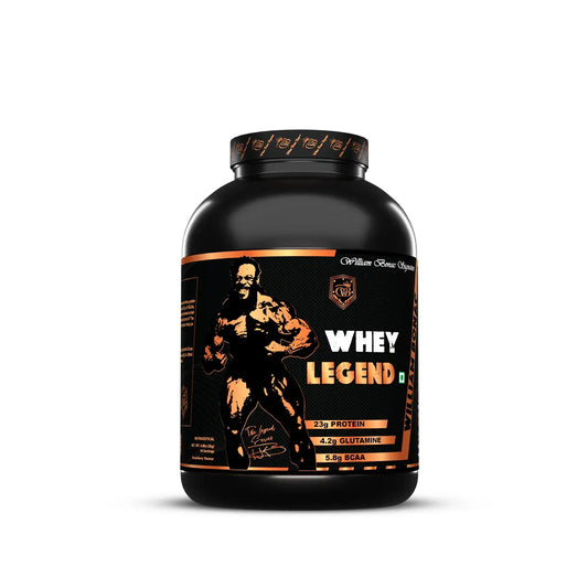 Black and orange supplement container labeled 'Whey Legend' on a white background