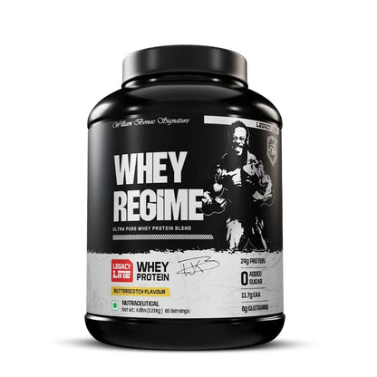 Whey protein supplement container with branding and nutritional information on a white background