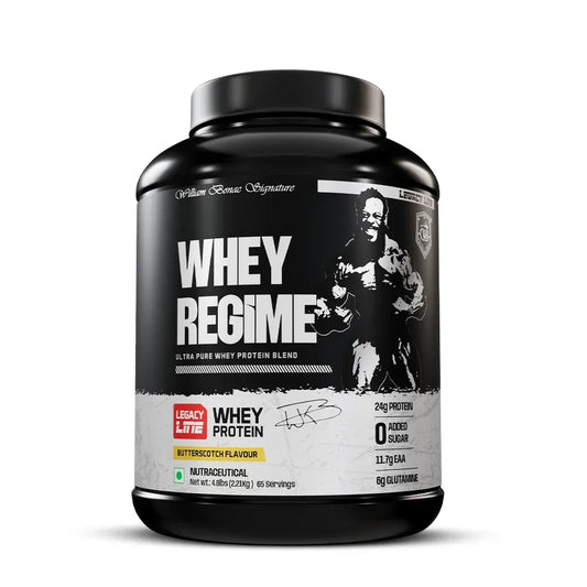 Whey protein supplement container with branding and nutritional information on a white background